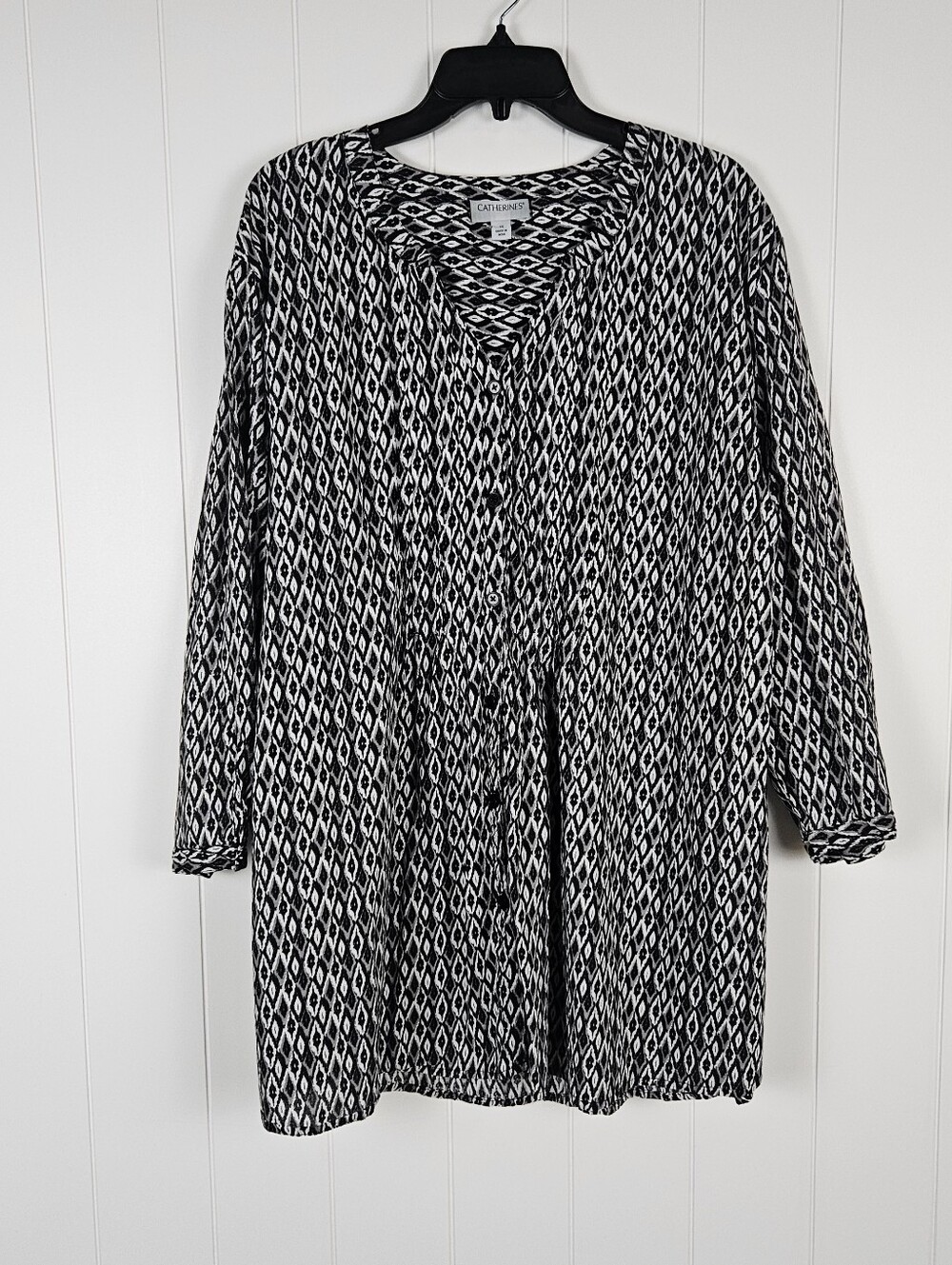 Catherines Tunic Button Up Womens 3x Black Gray Cotton Geometric V Neck Pintuck
